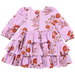back of long sleeve lavender dress with tiered ruffle skirt and orange poppy floral print