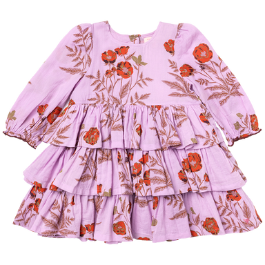 long sleeve lavender dress with tiered ruffle skirt and orange poppy floral print