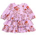 long sleeve lavender dress with tiered ruffle skirt and orange poppy floral print
