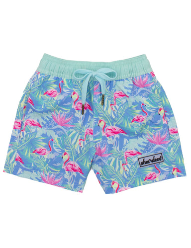 Flamingo patterned shorts with a brand logo on a white background