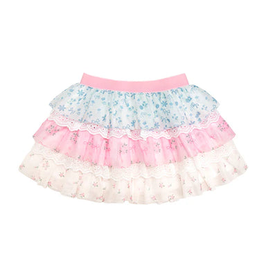Floral and ruffled skirt with pink trim on a white background