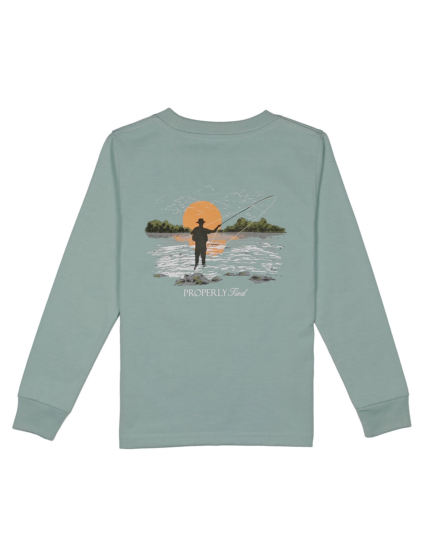 Marine mist long sleeve tee with a fly fishing design on the back