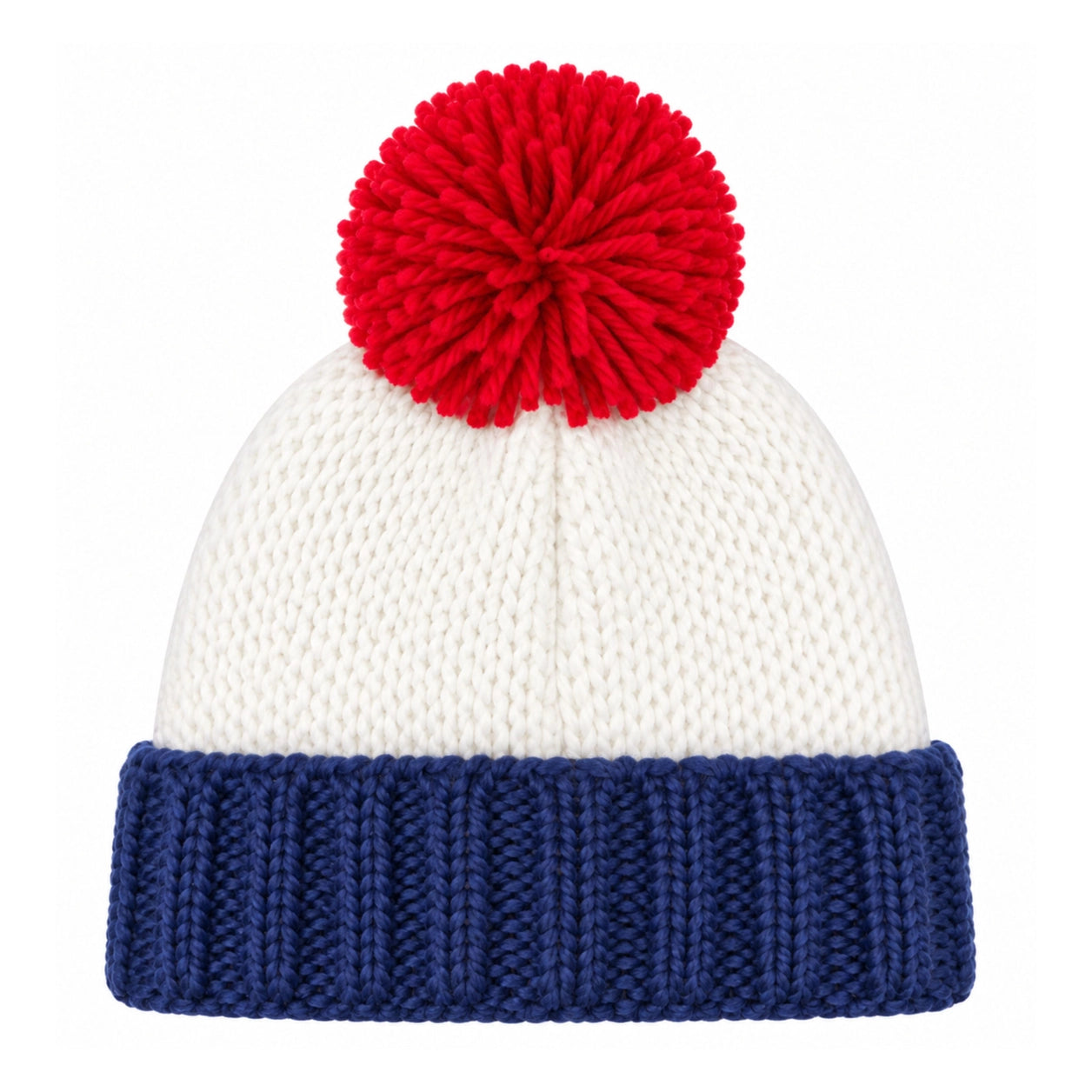 A knit beanie hat with a large red pom-pom on top, featuring a white knit crown and a navy blue ribbed cuff, shown against a plain white background.