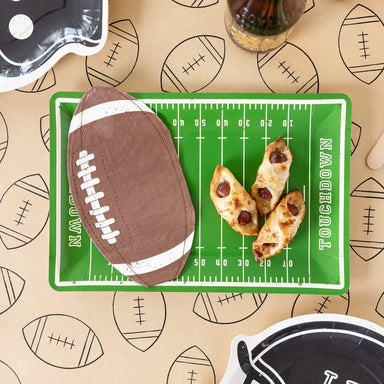 Football-themed place with a football, pizza, and drinks on a patterned background
