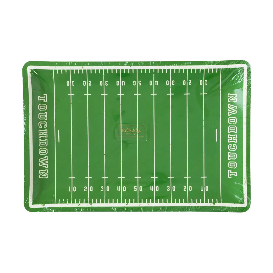 Green paper plate with football field design and 'Touchdown' text on a white background