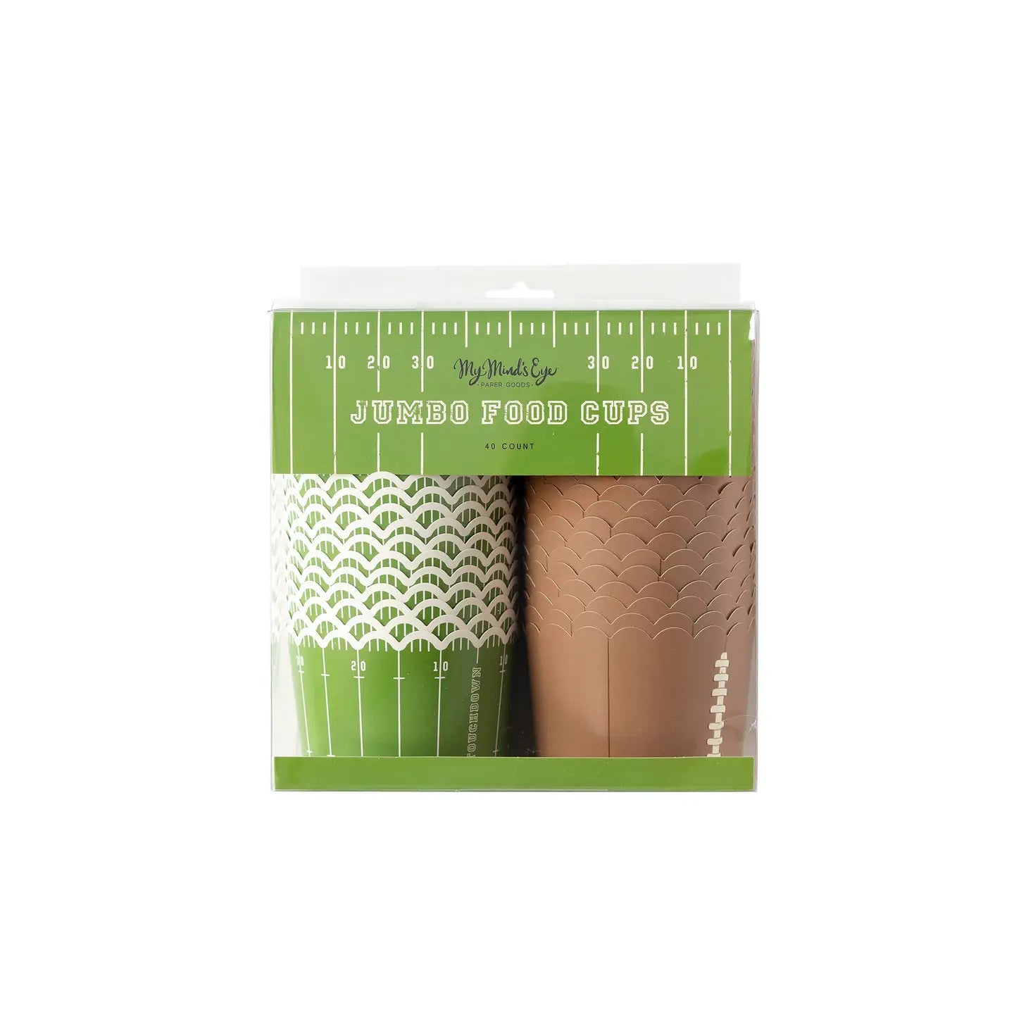 Packaging of jumbo food cups with green label on a white background