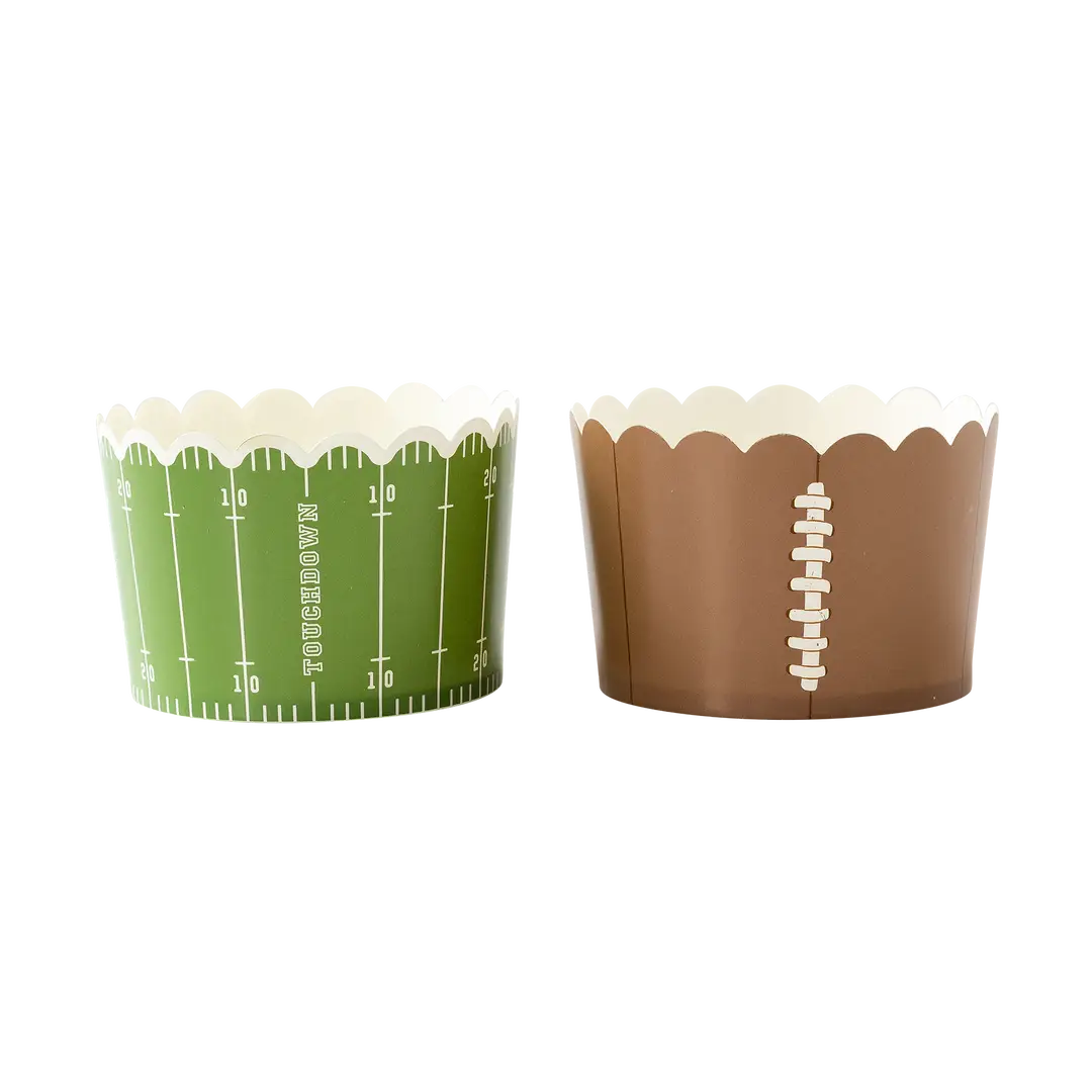 Two football-themed food liners, one green and one brown, on a white background.