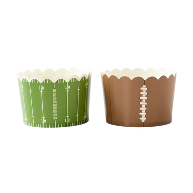 Two football-themed food liners, one green and one brown, on a white background.