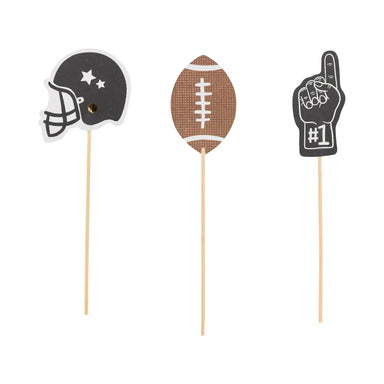 Three themed photo booth props on sticks: a football helmet, football, and number one foam finger.