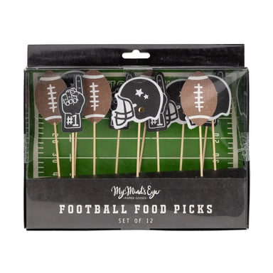 Packaged set of football-themed food picks with decorative elements on a green field background.