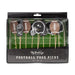 Packaged set of football-themed food picks with decorative elements on a green field background.