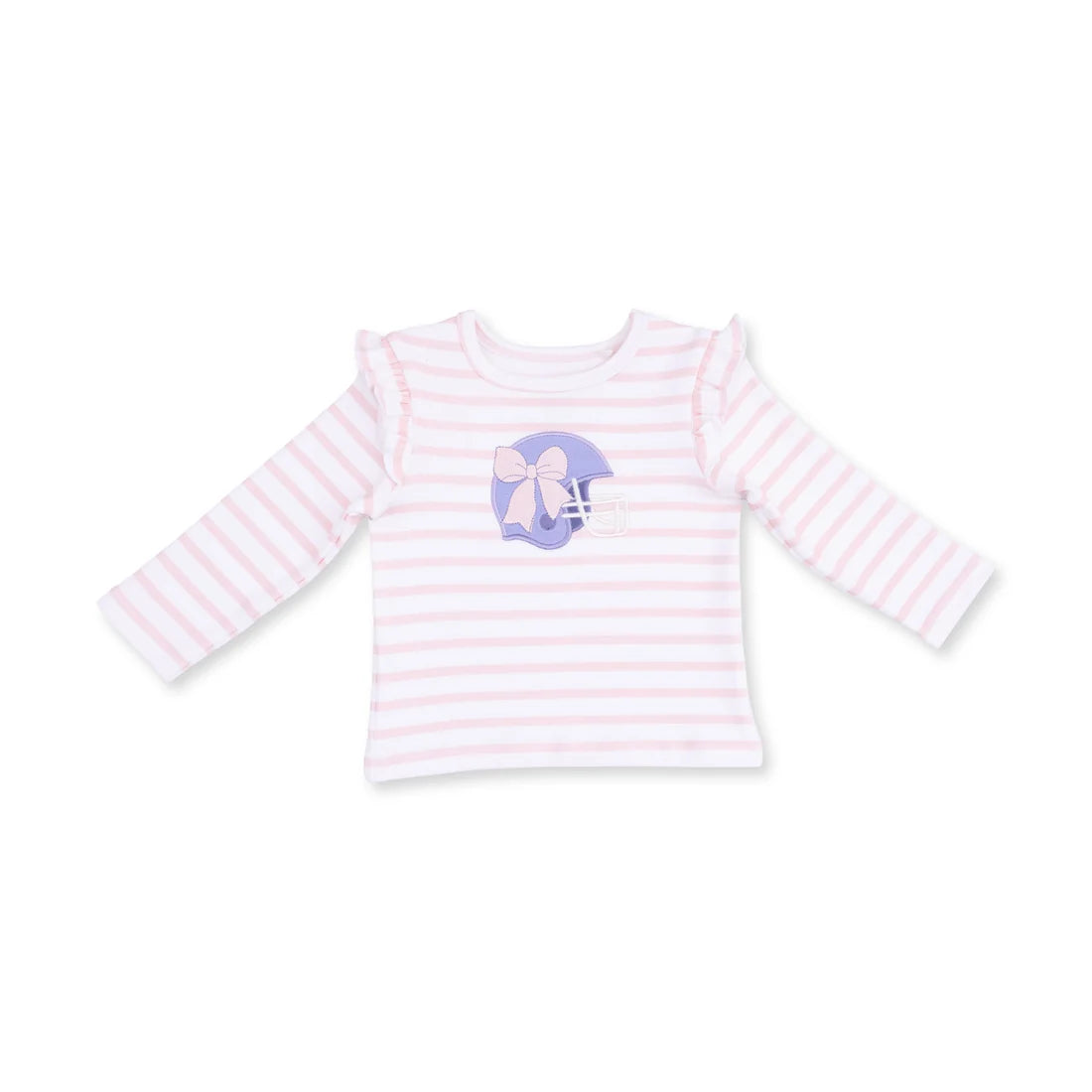 A baby long-sleeve top with light pink and white horizontal stripes, featuring a small purple graphic of a helmet with a bow on the chest.