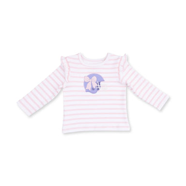 A baby long-sleeve top with light pink and white horizontal stripes, featuring a small purple graphic of a helmet with a bow on the chest.