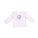 A baby long-sleeve top with light pink and white horizontal stripes, featuring a small purple graphic of a helmet with a bow on the chest.