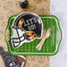 Green tray with football helmet design and 'Let's Go!' text, placed on a surface with football-themed decor.