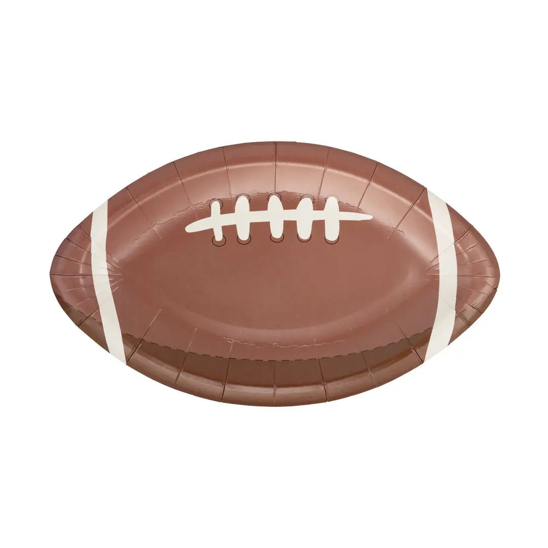 Football-shaped paper plate on a white background