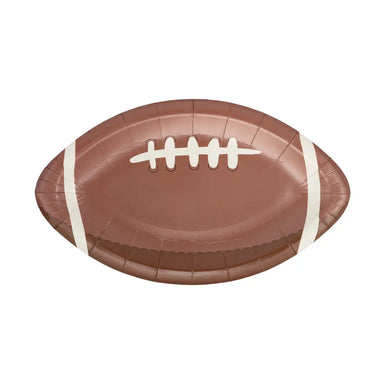 Football-shaped paper plate on a white background