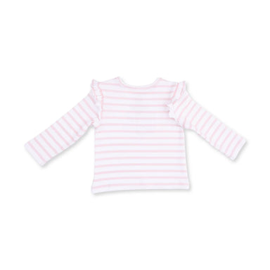 A long-sleeve baby top with horizontal light pink and white stripes, featuring delicate ruffle trim along the neckline and cuffs, shown against a plain white background.