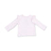 A long-sleeve baby top with horizontal light pink and white stripes, featuring delicate ruffle trim along the neckline and cuffs, shown against a plain white background.