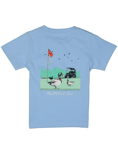 Light blue t-shirt with a golf-themed graphic on the back, featuring ducks and a golf cart.