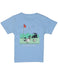 Light blue t-shirt with a golf-themed graphic on the back, featuring ducks and a golf cart.