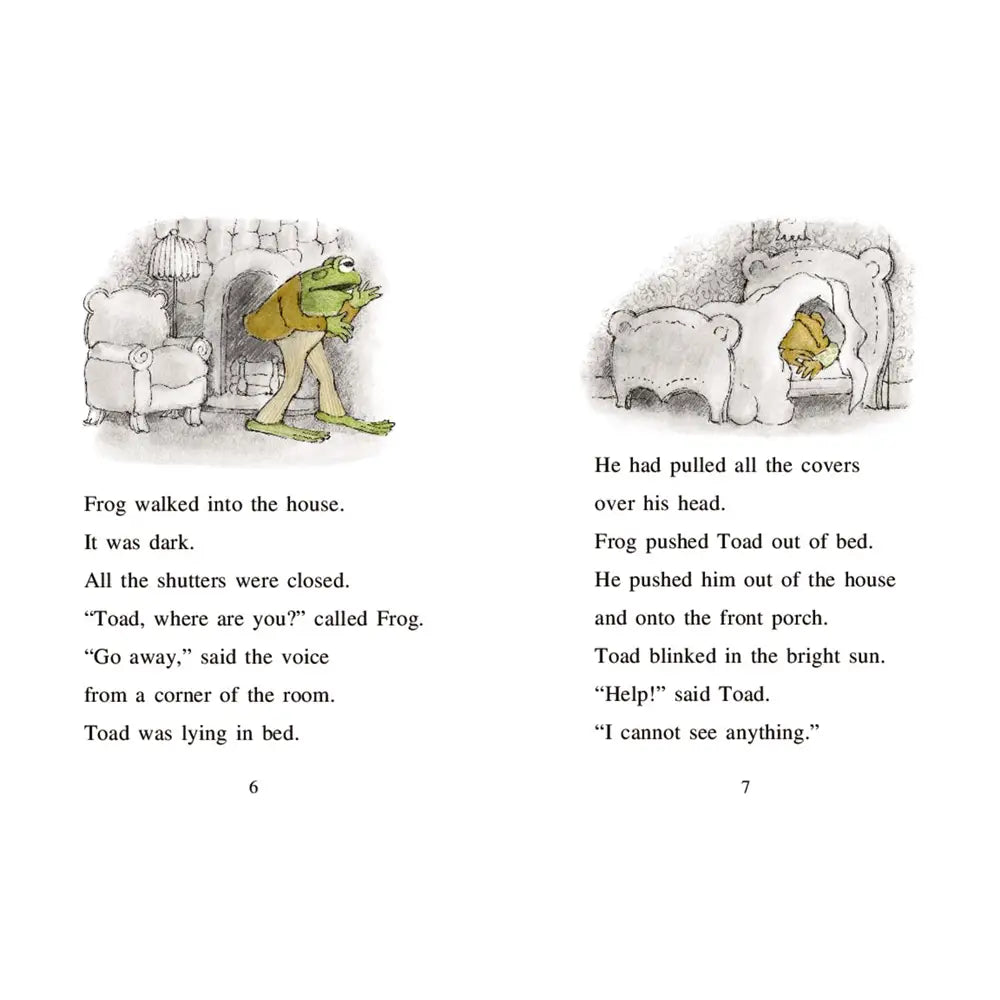 Illustrated book page with frog and toad characters and text.
