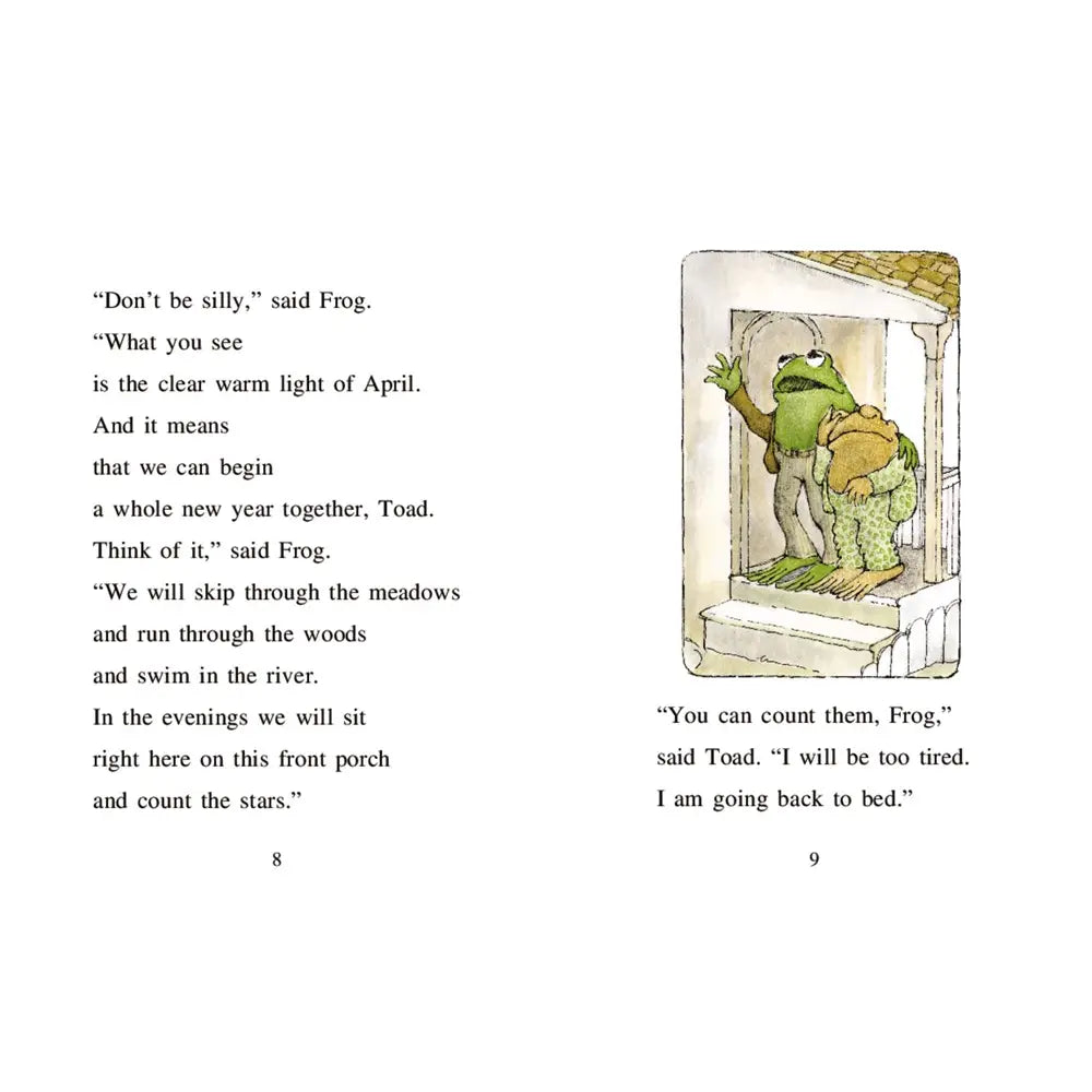 Page from a book with text and an illustration of a frog and toad on a porch.