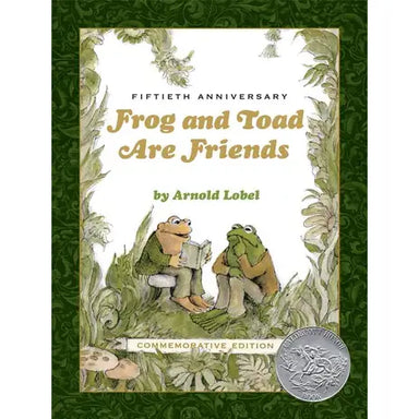 Book cover of 'Frog and Toad Are Friends' with two frogs sitting and reading, on a green background.