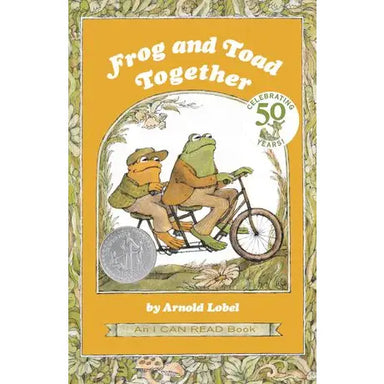 Book cover of 'Frog and Toad Together' with two frogs on a bicycle, celebrating 50 years.