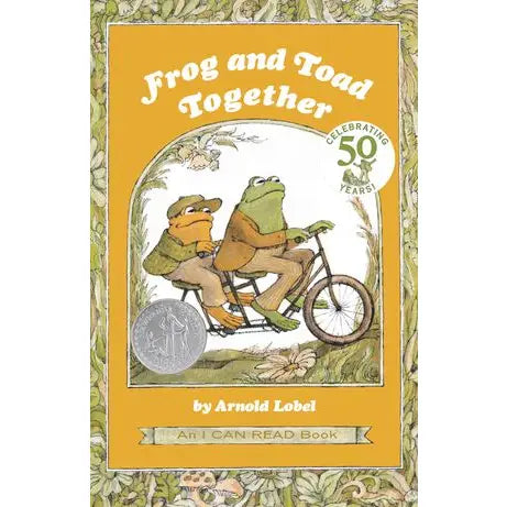 Book cover of 'Frog and Toad Together' with two frogs on a bicycle, celebrating 50 years.