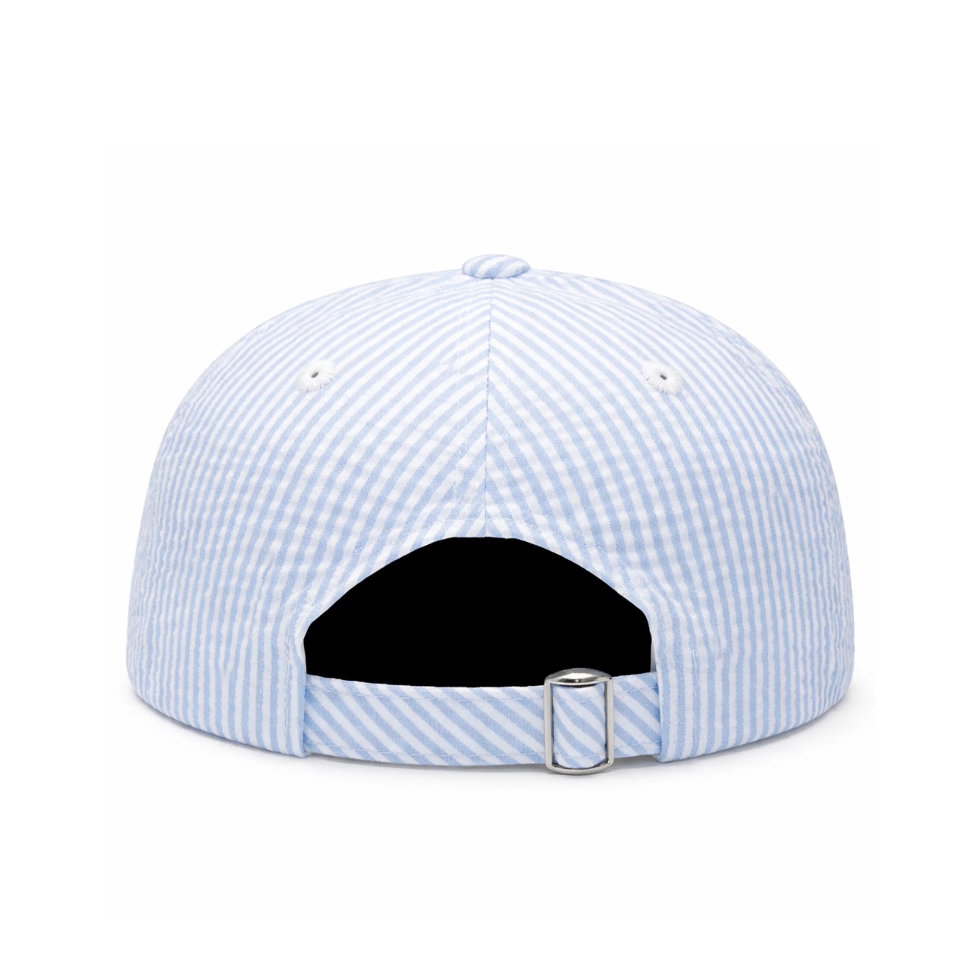 Back view of a light blue and white gingham baseball cap with an adjustable strap and silver metal buckle, shown on a white background.