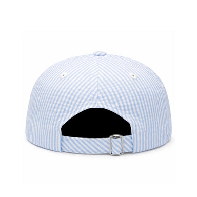 Back view of a light blue and white gingham baseball cap with an adjustable strap and silver metal buckle, shown on a white background.