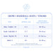 A size chart graphic for Hats & Bows Baseball Hats / Visors, showing size categories from Baby/Toddler to Adult with approximate age ranges and adjustable circumference measurements in centimeters.
