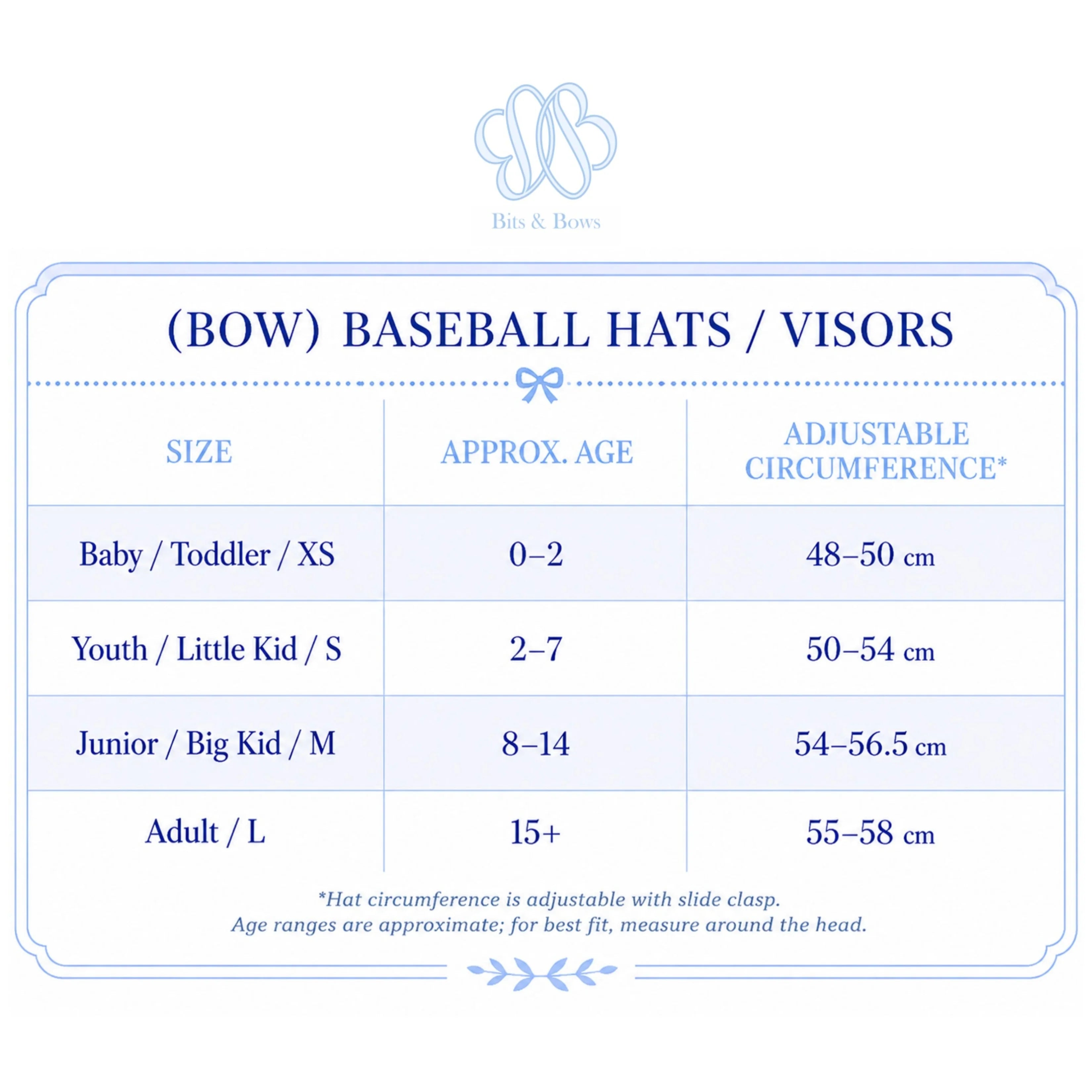 A size chart graphic for Hats & Bows Baseball Hats / Visors, showing size categories from Baby/Toddler to Adult with approximate age ranges and adjustable circumference measurements in centimeters.