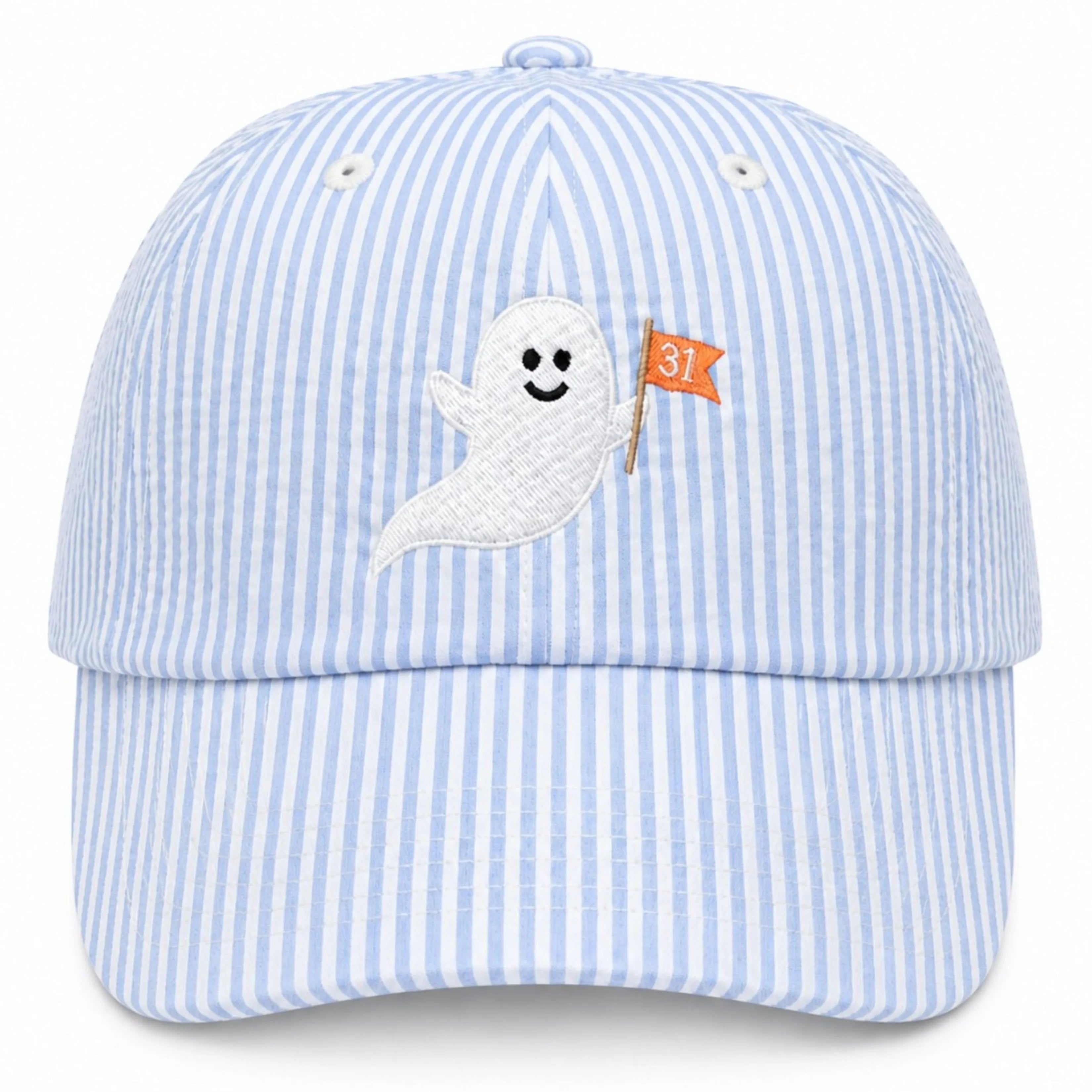A light blue and white gingham baseball cap with a Halloween ghost embroidered on the front, shown on a white background.