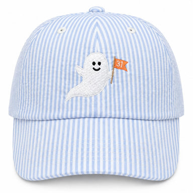 A light blue and white gingham baseball cap with a Halloween ghost embroidered on the front, shown on a white background.