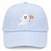 A light blue and white gingham baseball cap with a Halloween ghost embroidered on the front, shown on a white background.
