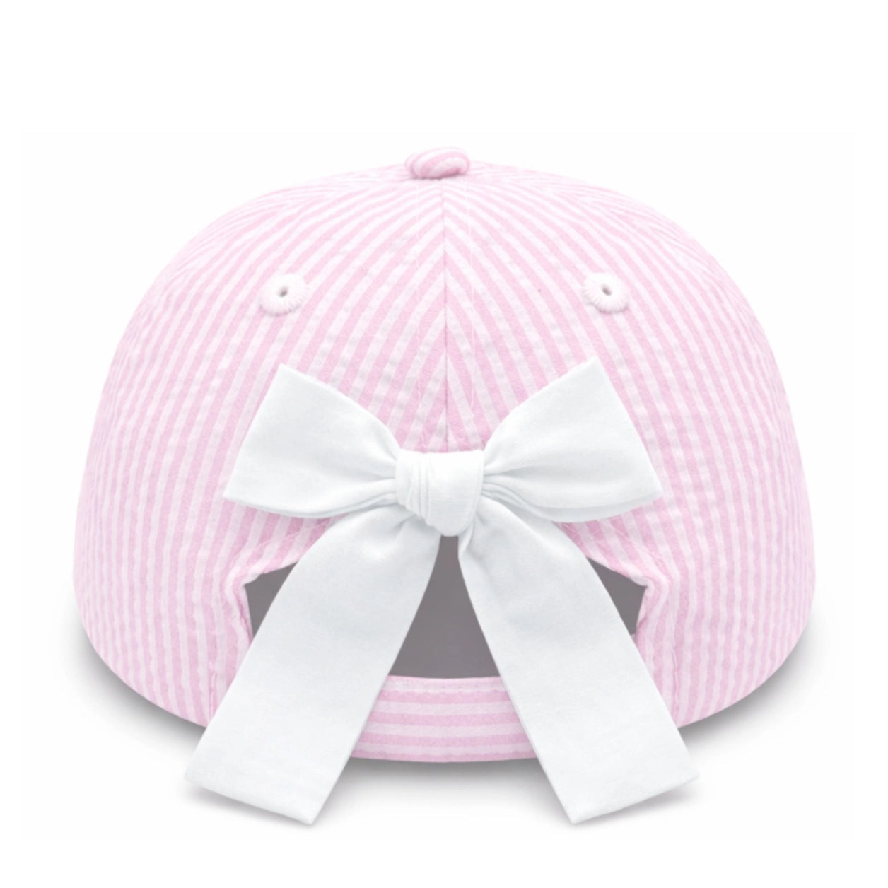 A pink and white gingham striped baseball cap viewed from the back, featuring a large white fabric bow across the center and two white ventilation eyelets.