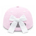 A pink and white gingham striped baseball cap viewed from the back, featuring a large white fabric bow across the center and two white ventilation eyelets.