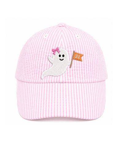 Pink striped cap with ghost and bow design on a white background