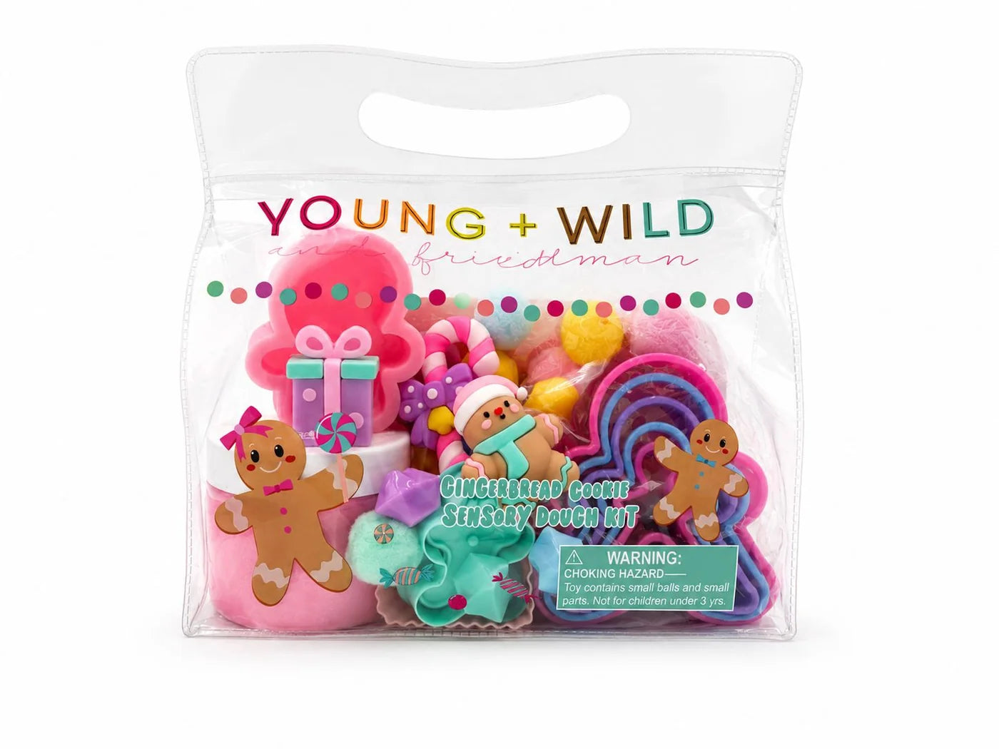 Young Wild and Friedman gingerbread sensory dough bag with colorful play dough pieces and gingerbread themed decorations for creative holiday play