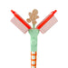 A festive gingerbread cookie holder with a mint green handle, orange and white striped stem, and two pink trays with red lids, featuring a small gingerbread man cookie on top.