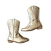Pair of gold cowboy boots with starburst patterns on a white background