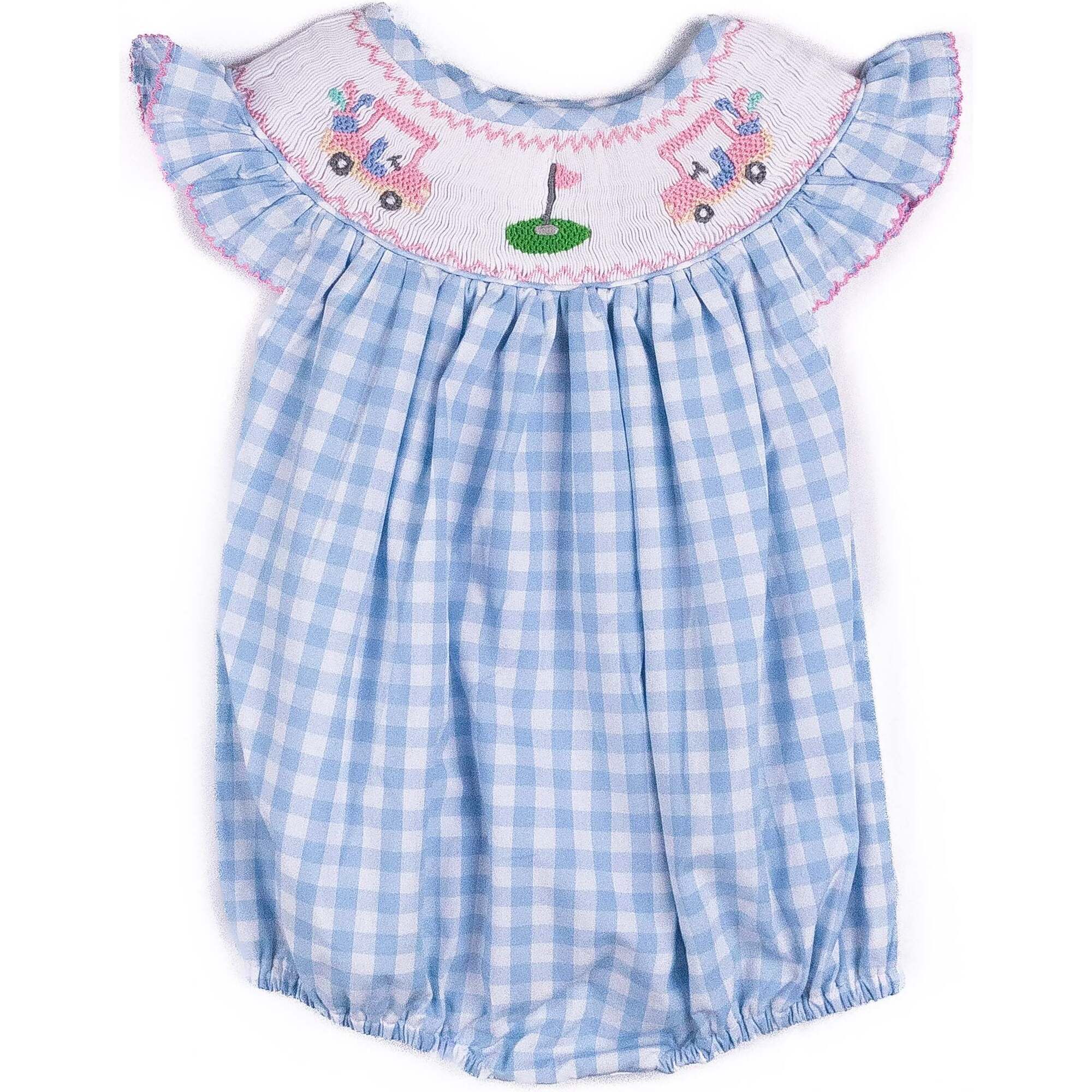 Blue checkered baby romper with golf cart embroidered designs on a white background