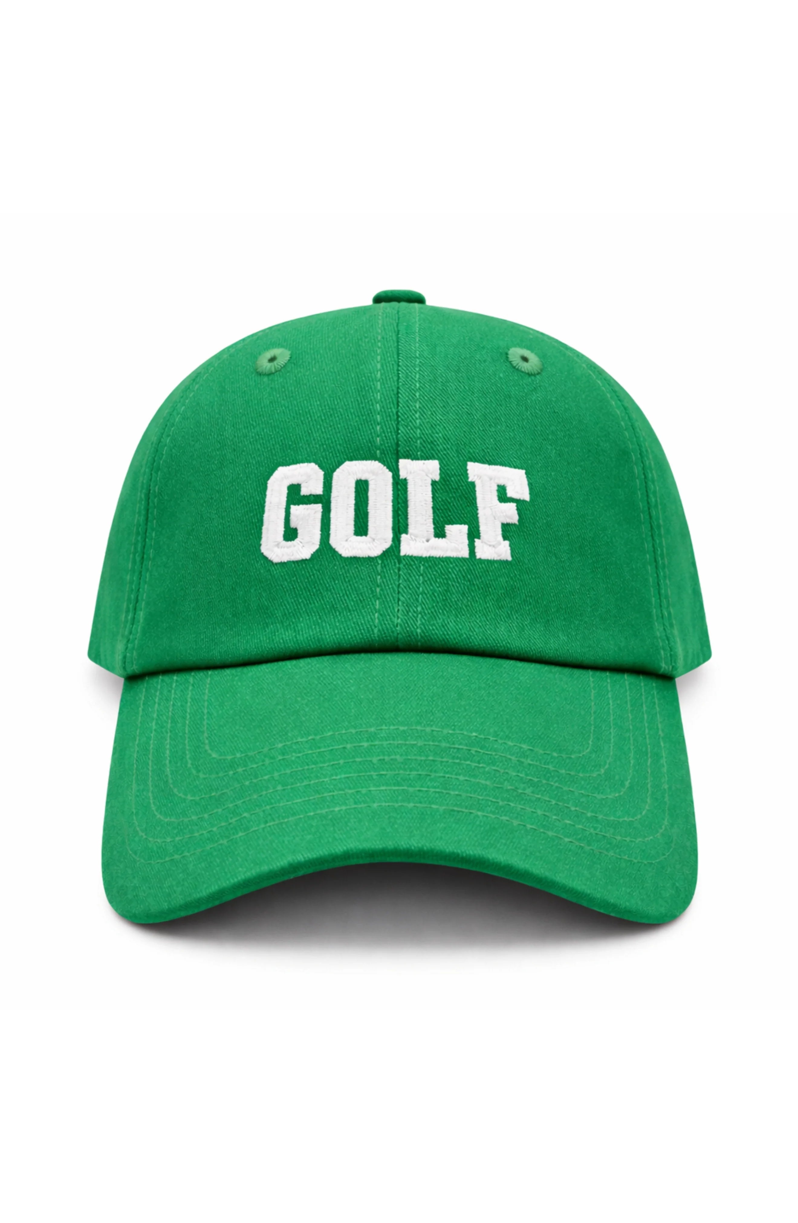 Green cap with 'GOLF' text on a white background