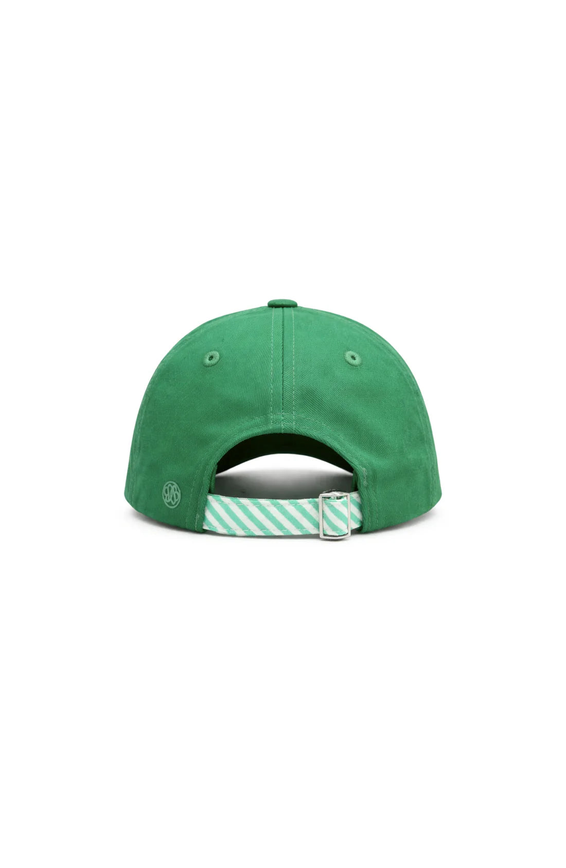 Green cap with a white and green striped brim on a white background