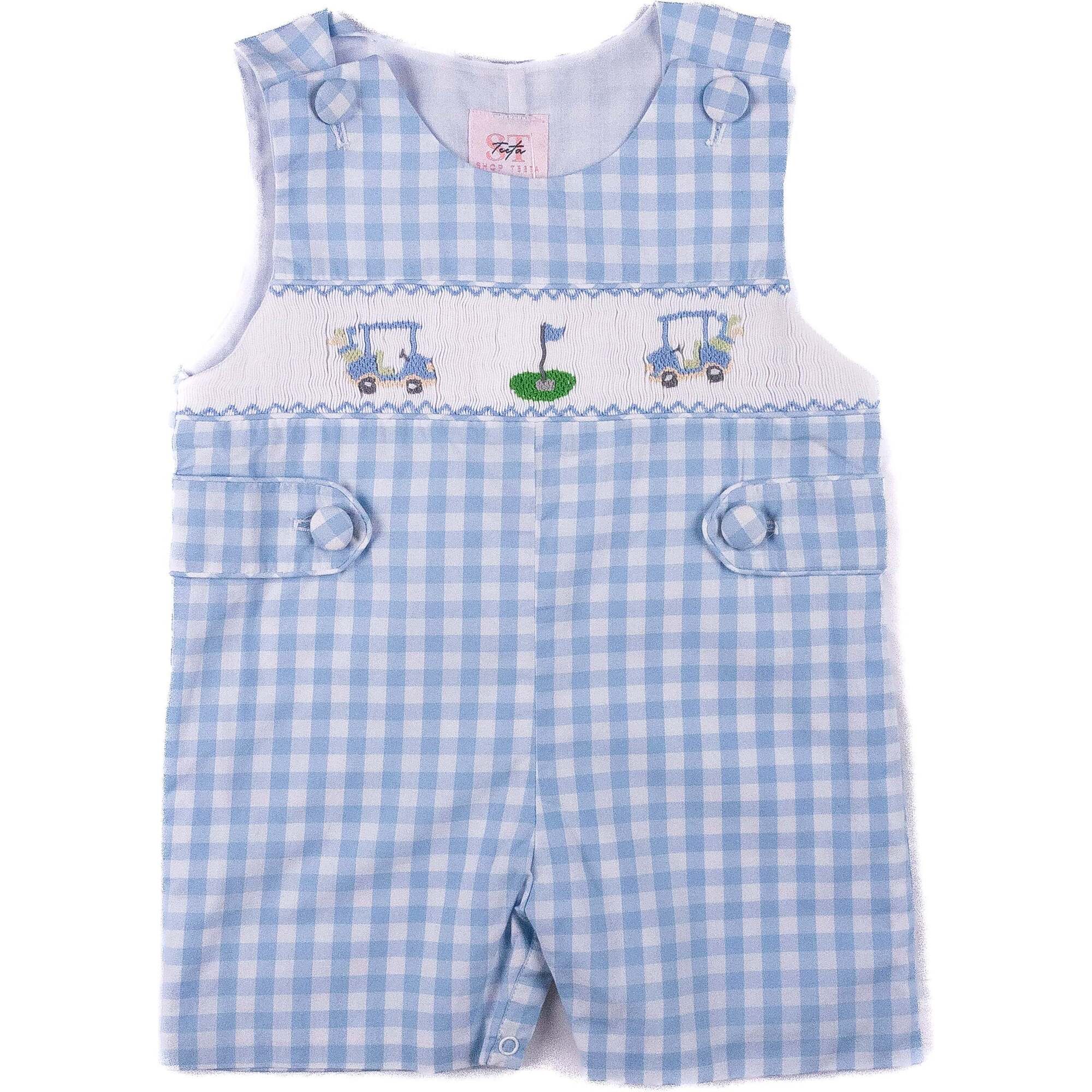 Blue and white checkered baby romper with golf-themed embroidery on a white background