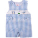 Blue and white checkered baby romper with golf-themed embroidery on a white background