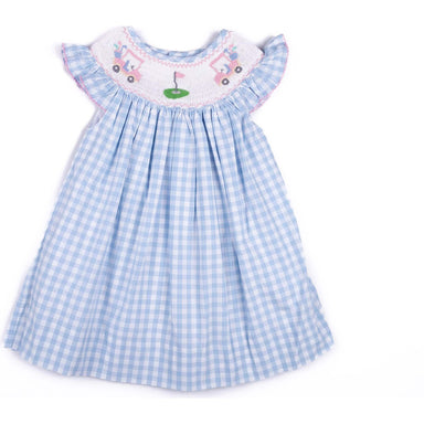 Blue checkered dress with golf cart embroidered details on a white background