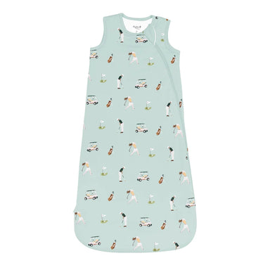 A sleeveless baby sleep sack in a light mint green color, featuring an all-over repeating print of golf players, golf carts, and golf clubs. The garment is displayed flat against a solid white background.